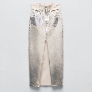 Zara Metallic Denim Midi Skirt
